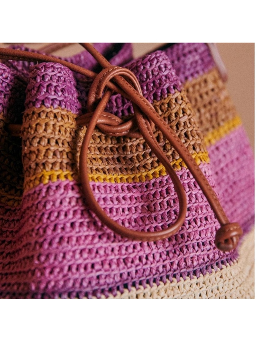 Sezane Farrow Bucket Bag Woven Shoulder Purse Raffia Leather Purple Violet Rare - Picture 10 of 14